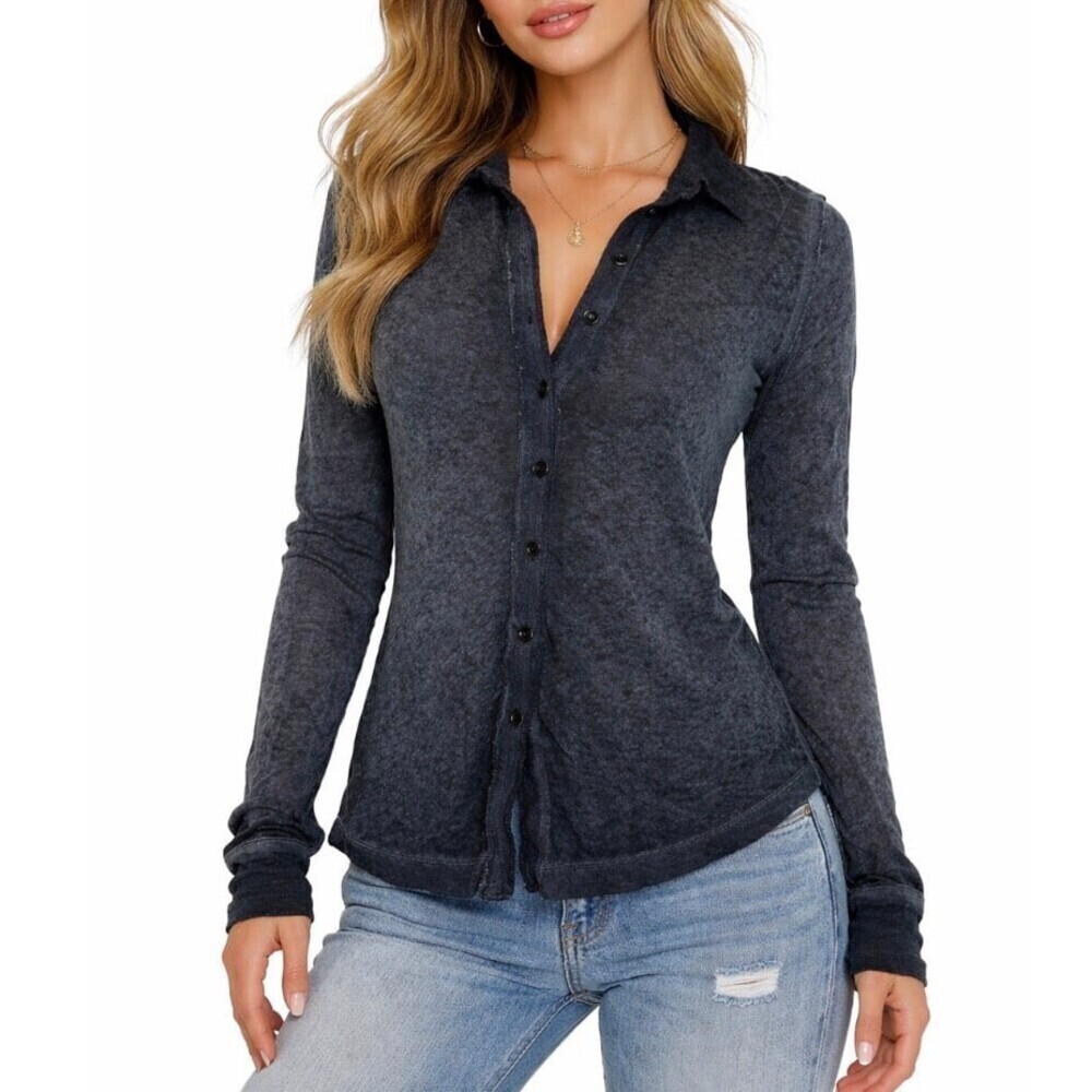 Free People cardigan shirt blouse charcoal gray button up top collared SZ T/P XS